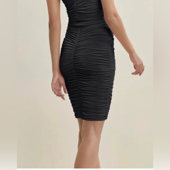 Mock neck Ruched Black Mini Dress - Picture 3 of 16